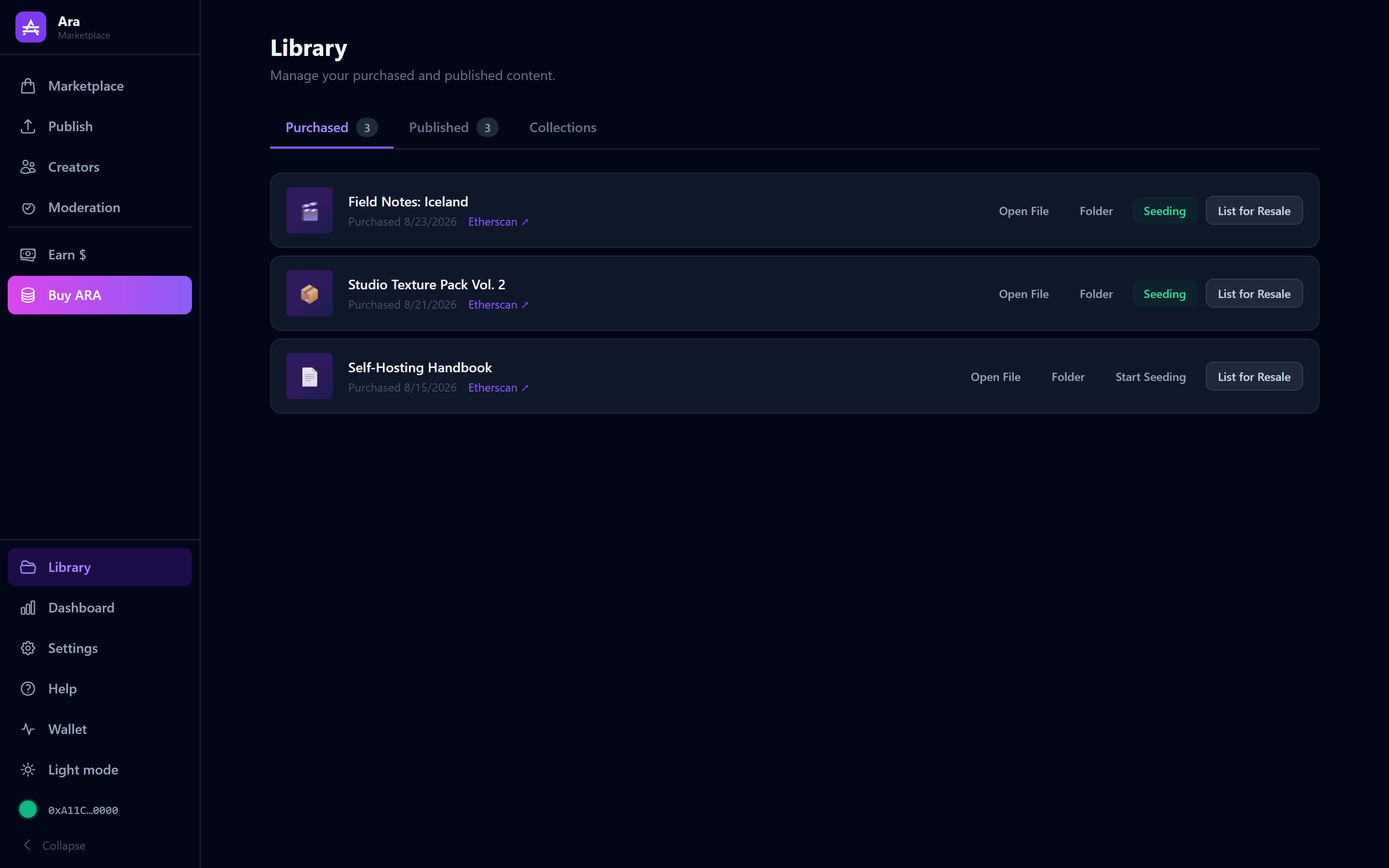 Ara desktop app — Library screen