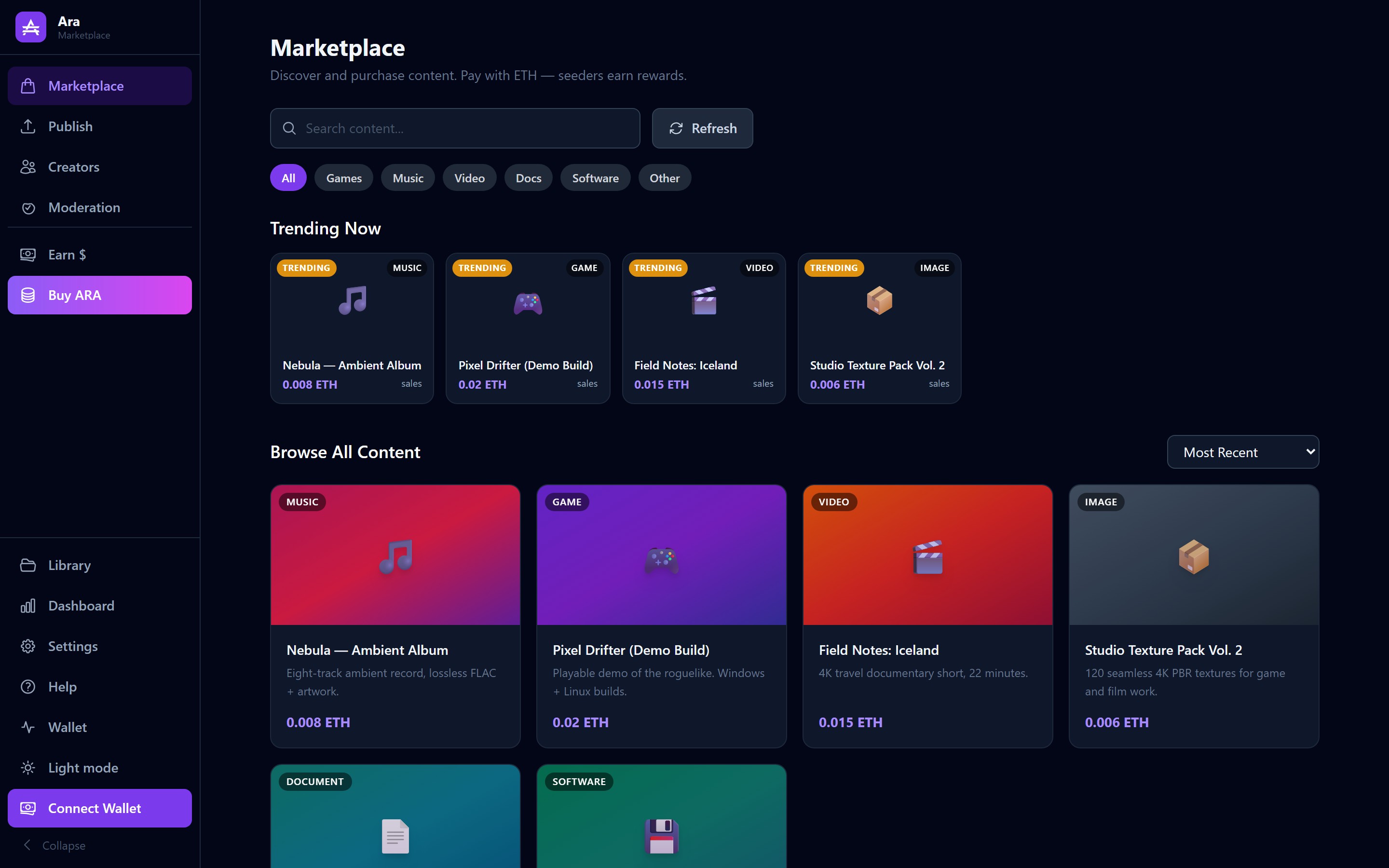 Ara desktop app — Marketplace screen