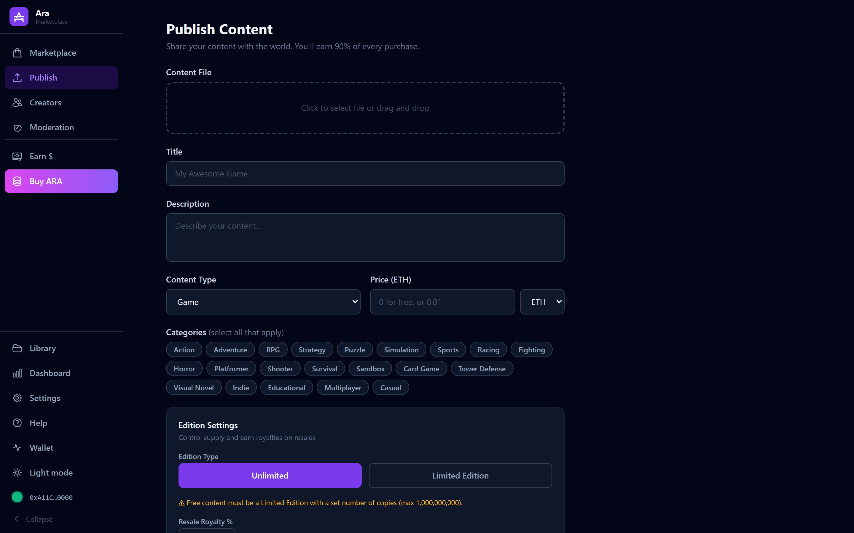 Ara desktop app — Publish screen