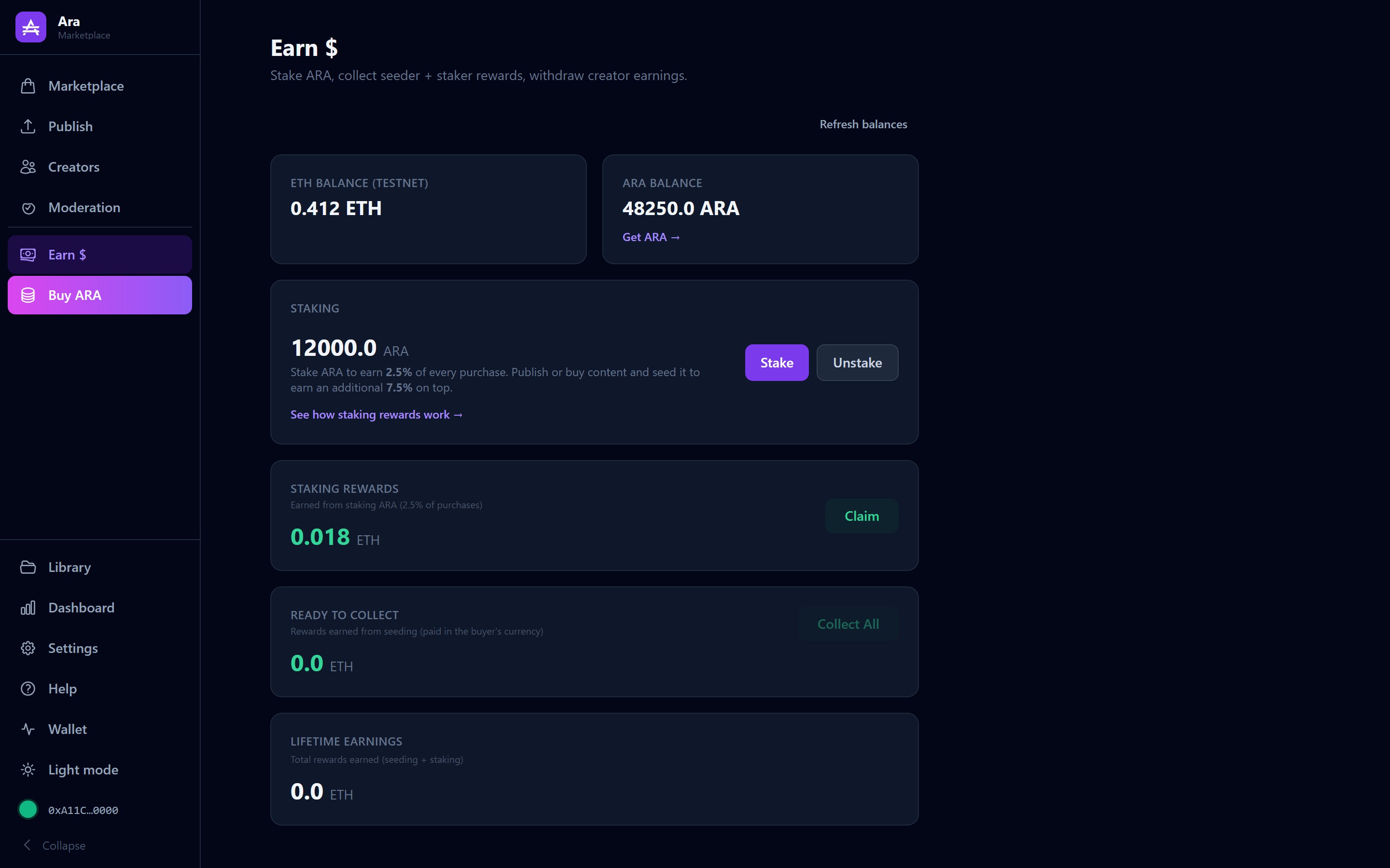 Ara desktop app — Earn screen